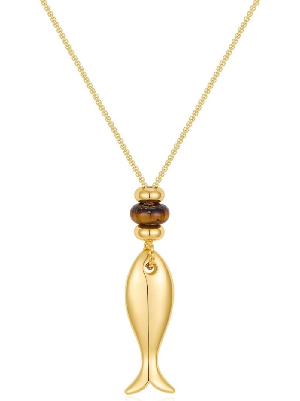 Gold Fish Pendant Necklace, Natural Stone, 18K Gold Plated, Boho Minimalist
